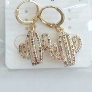 CACTUS -GOLD- plated-zirconia multicolor medium Stud Pendants Hoop Earrings